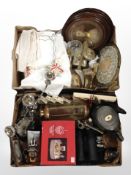 Two boxes of binoculars, silver plated wares, table linen, dressing table brushes,