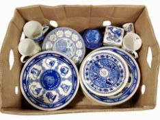 A box of Ringtons' blue and white ceramics including collector's plates, ginger jar, etc.