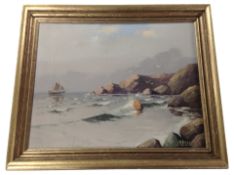 H Boye : Waves crashing against rocks with fishing boat beyond, oil on canvas,