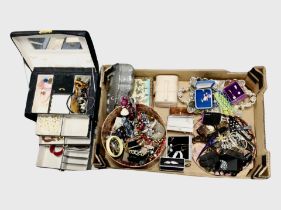 A box containing contemporary jewellery boxes and contents to include many bead necklaces and