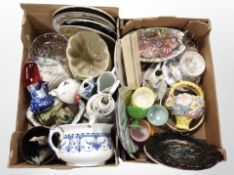 Two boxes of assorted ceramics, Maling lustre gondola bowl, petrol glass dish, blue and white items.
