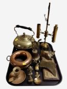 A group of metal wares including 19th-century brass kettle, cribbage board, ornaments,