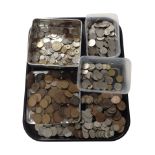 A tray of assorted British and world coins including collectable 50p pieces, etc.