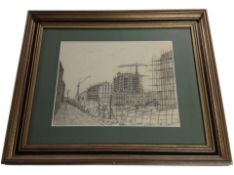 A* G* L* : Scaffolding with tower cranes beyond, pencil sketch, 25cm x 32cm.