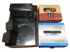 A box containing turntable, Salora micro-amplifier and micro-tuner, pair of Jamo speakers,