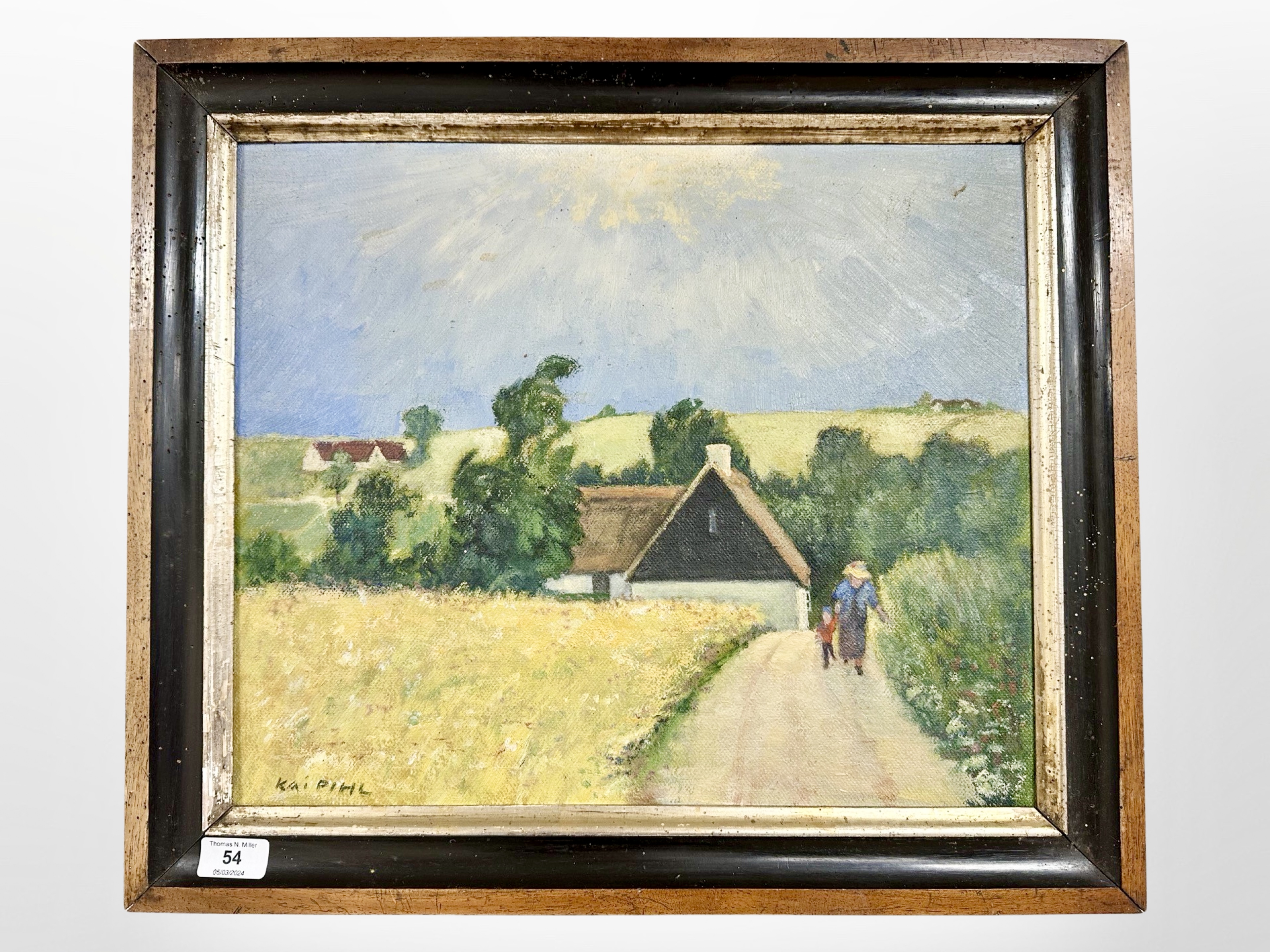 Danish school : Figures on a path, oil on board, 45cm x 37cm, indistinctly signed.