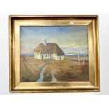 Danish school : Thatched barn by a coast, oil on canvas, 47cm x 38cm.