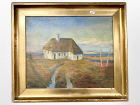 Danish school : Thatched barn by a coast, oil on canvas, 47cm x 38cm.