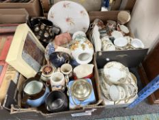 Two boxes containing assorted ceramics, Imari tea china, pottery steins, dinnerwares,