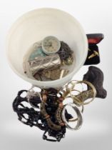 A tub containing a quantity of assorted costume jewellery, cufflinks, Hawaiian black coral plaque.