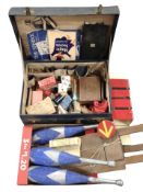 A vintage suitcase and further box containing magician's items, including playing cards,