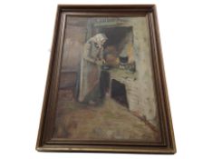 T* M* : An elderly woman cooking in a cottage interior, oil on canvas, 49 cm x 32 cm,