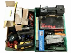 Two boxes containing assorted power tools and hand tools.