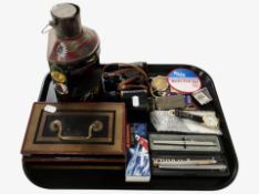 A group of collectables including antique binoculars, miniature painted Port ship's lamp,