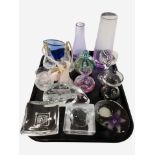 A group of glassware including Mdina glass swirl bottle, atomisers, Polish Krosno vase,