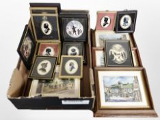 A box of assorted pictures including prints of Newcastle upon Tyne after R W Thornton, silhouettes,