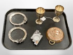 A group of metal wares, glass and plated coasters,