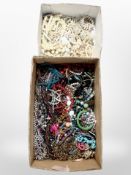 Two boxes of mixed costume jewellery, faux pearls, bead necklaces, bangles.