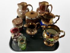 A group of stoneware and copper lustre jugs, oak tobacco jar, glassware.