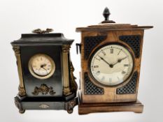 Two reproduction mantel clocks with quartz movements,