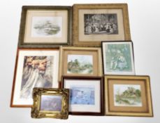 A box of pictures and prints including ornate gilt-framed fox hunting print, etc.