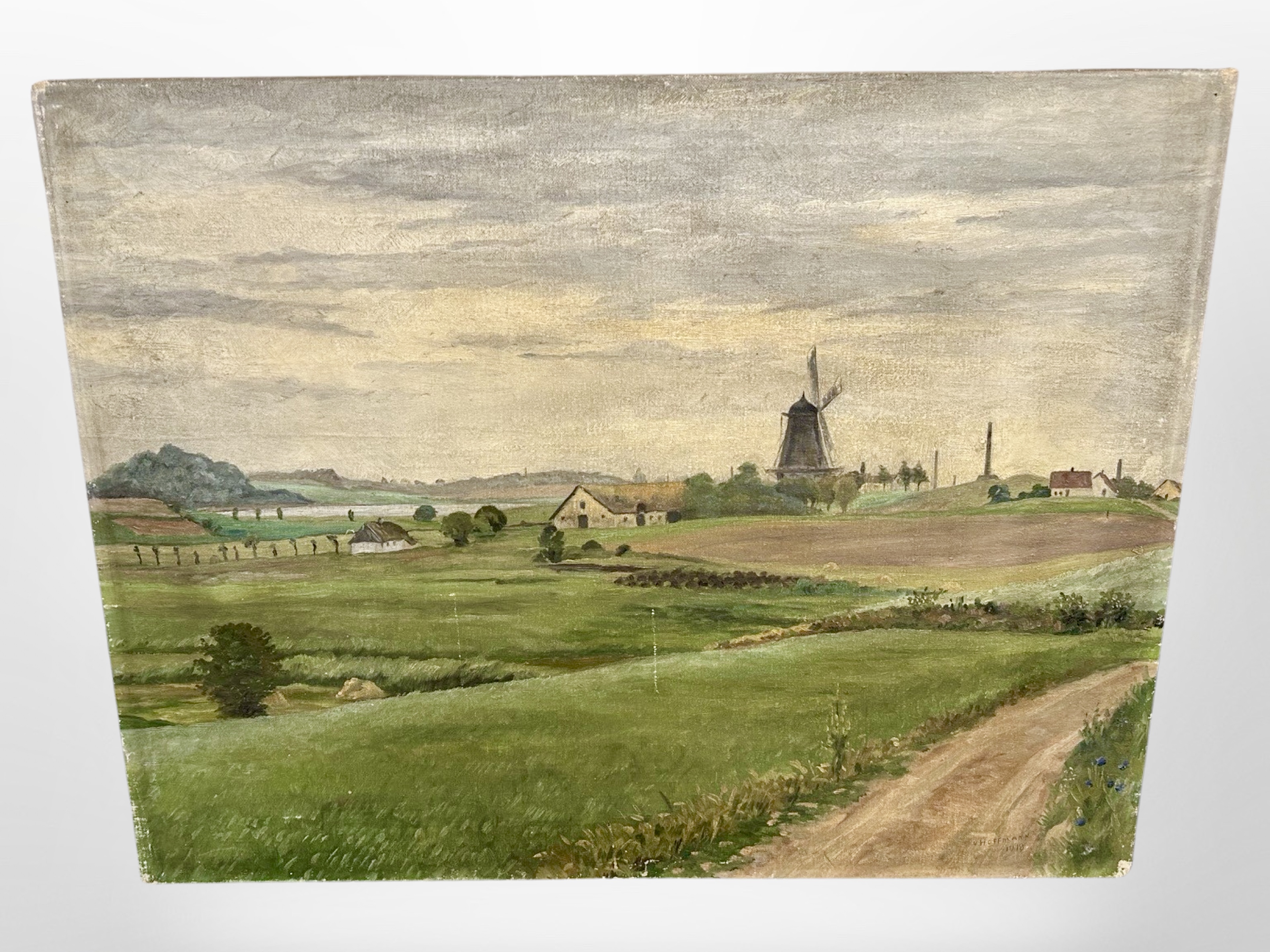 Danish school : Landscape with windmill, oil on canvas, 66cm x 51cm.