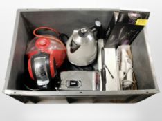 A box of household electricals including kettle, coffee maker, hair styler, etc.