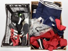 A box and crate containing sports clothing.