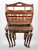 A reproduction nest of mahogany and satinwood inlaid tables together with a magazine rack