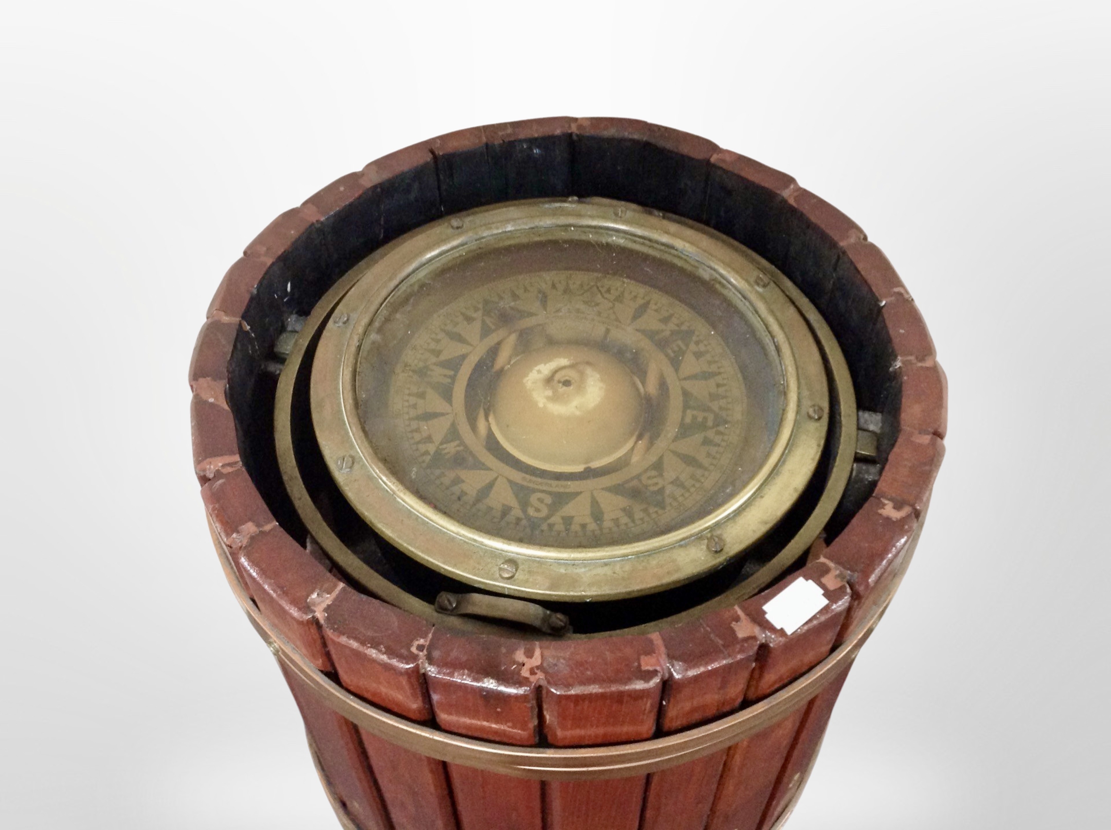 A painted wooden metal-bound pedestal containing a ship's compass, height 105cm. - Image 2 of 2