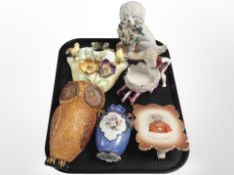 A group of ceramics including an Art Deco wall pocket in the form of an owl,
