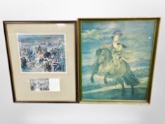 A framed Blaydon Races colour print in Hogarth-style frame, overall 47cm x 57cm,