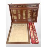 A mahogany Percy Main Social Club sign, width 91cm,