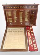 A mahogany Percy Main Social Club sign, width 91cm,