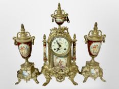 A continental gilt brass three-piece clock garniture, height 41cm.