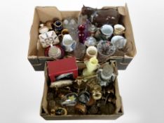 Two boxes containing assorted ceramics, glass, metal wares, pottery steins, crystal vases,