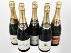 Five various bottles of champagne including Antoine de Clevecy, Charles Lafitte, etc.