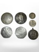 Two Victorian half crowns 1880 and 1890, other coins including commemorative 50p pieces,