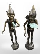 A pair of hollow-cast patinated bronze figures of elves, in the manner of David Goode, height 99cm.