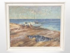 E Holgaard : Fishing boats at low tide, oil on canvas, 48cm x 38cm.