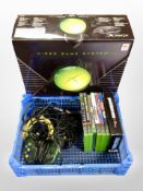 An Xbox console in box, several games, controllers, etc.