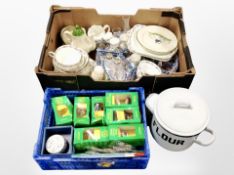 Two boxes containing a porcelain lazy susan, Crescent tea china, enameled flour bin,