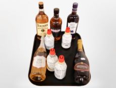 A group of alcohols including Teacher's Scotch Whisky, Drambuie, Prosecco, etc.