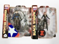 Two Diamond Toys Marvel figurines, The Winter Soldier and Black Widow, both boxed.