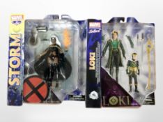 Two Diamond Toys Marvel figurines, Loki and Storm, both boxed.