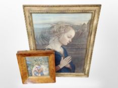 A framed portrait lithograph of a saint, labelled Medici Society verso, overall 72cm x 55cm,