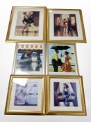 Two prints after Jack Vettriano, and four further gilt-framed prints, largest 80cm x 63cm overall.