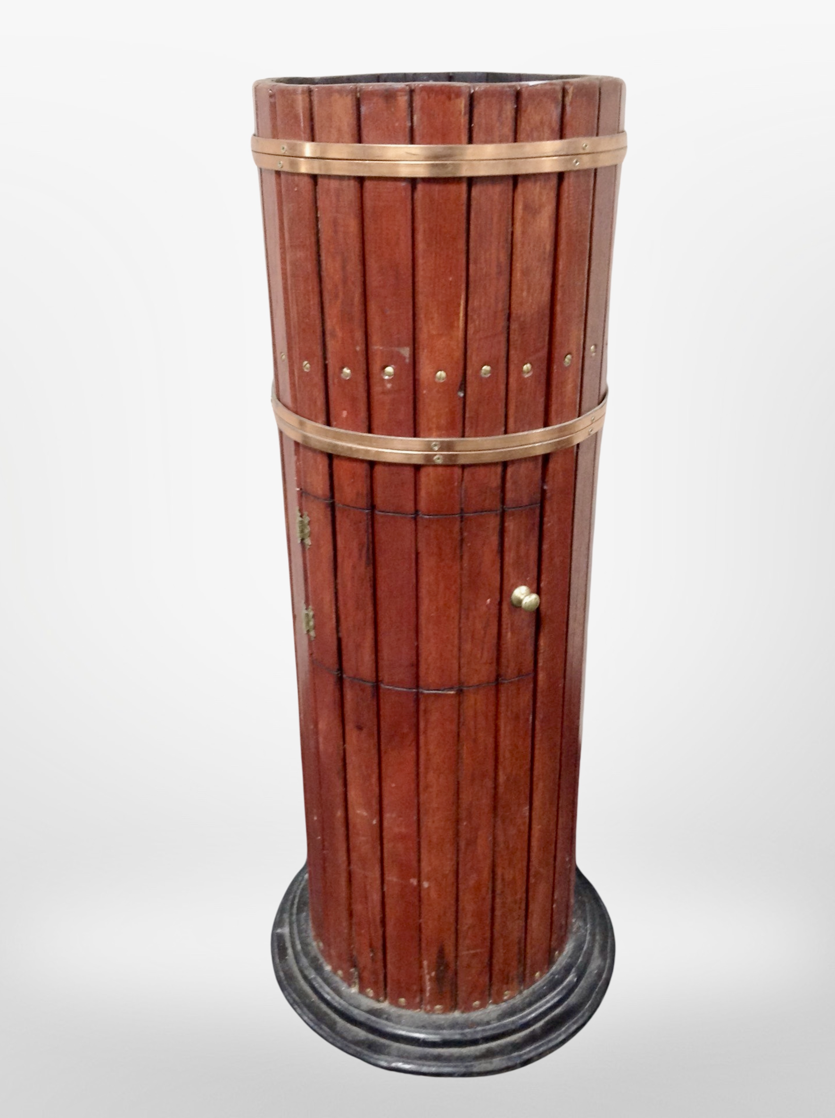 A painted wooden metal-bound pedestal containing a ship's compass, height 105cm.