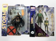 Two Diamond Toys Marvel figurines, Loki and Storm, both boxed.