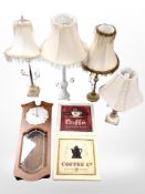 Four contemporary table lamps, teak wall clock,
